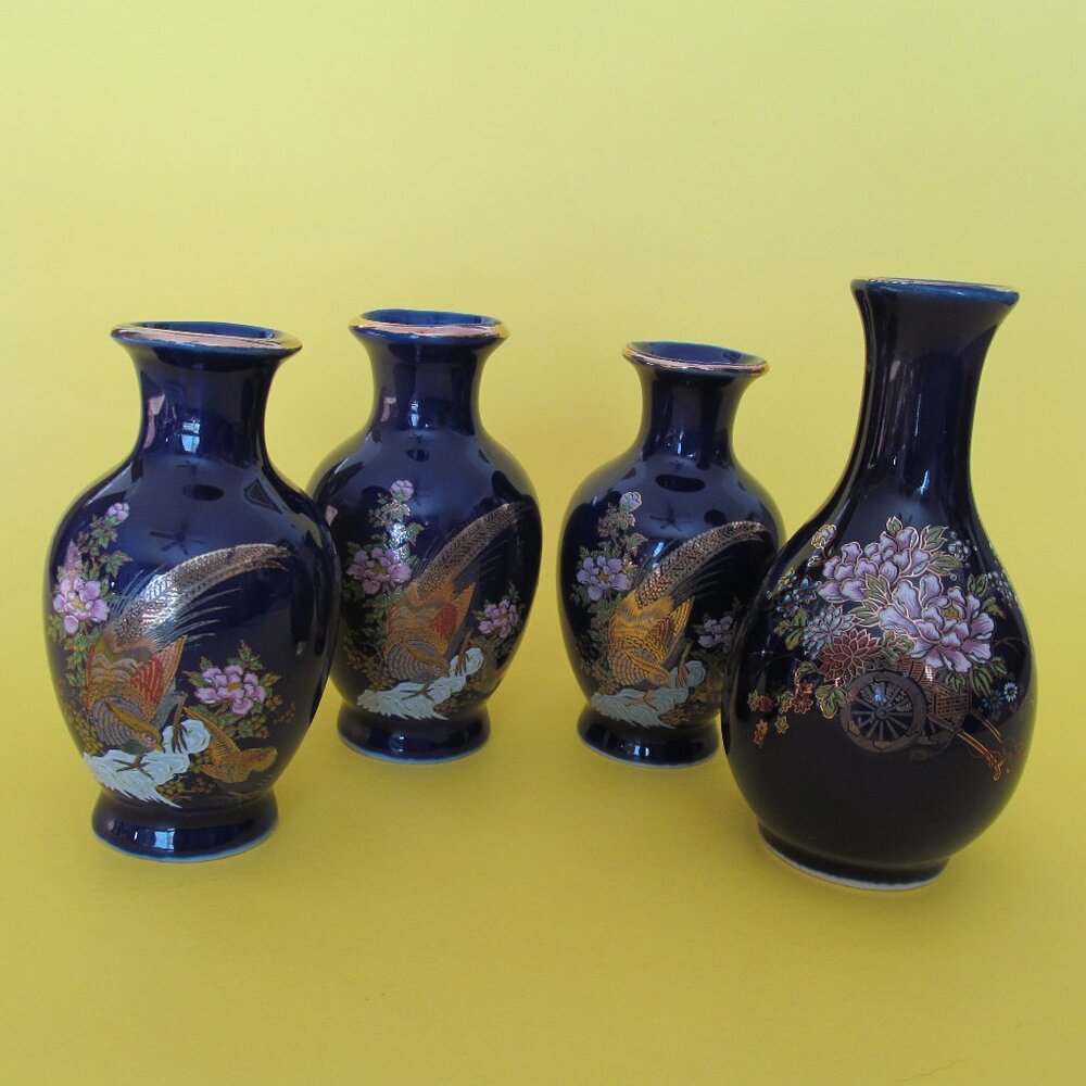 Vintage Kutani cobalt blue small vases